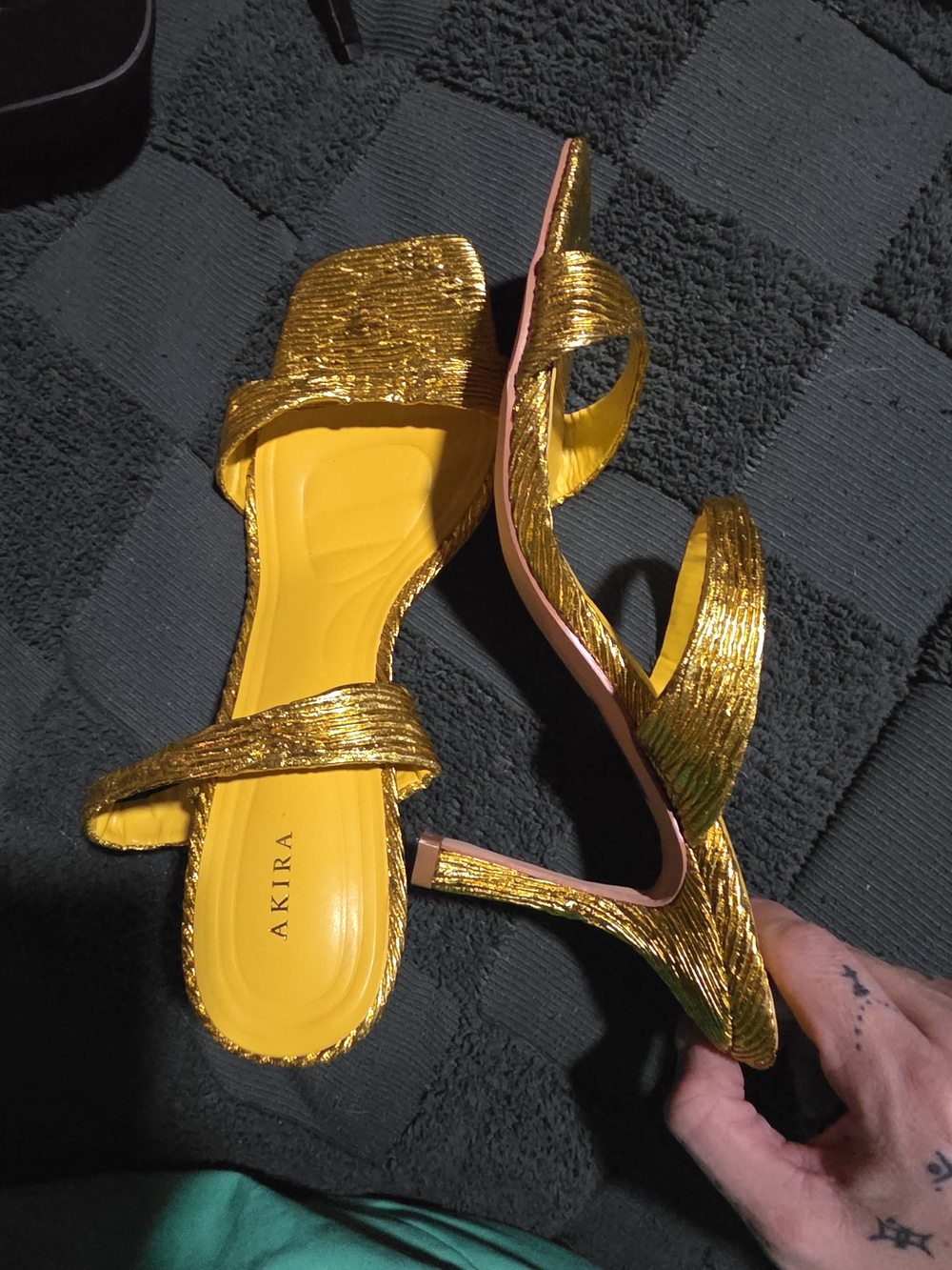 AKIRA Gold Metallic Strappy Slide Heels with Yellow Insole